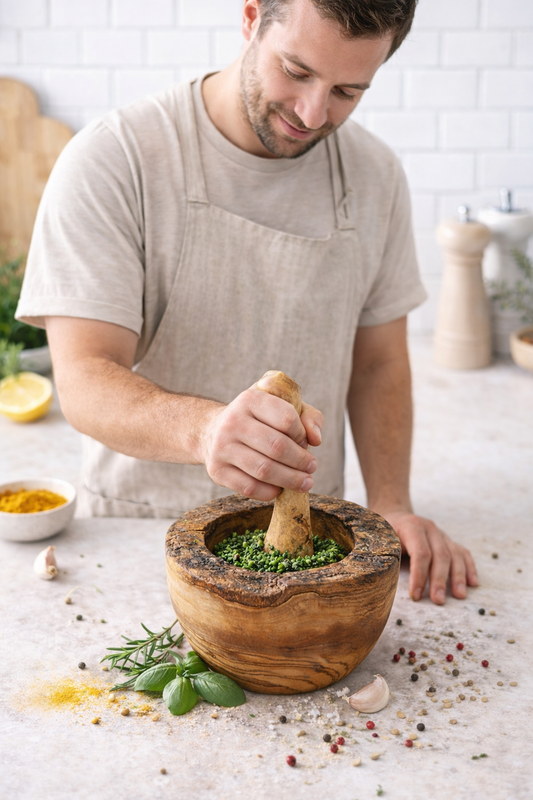 Handgefertigter Mörser aus Olivenholz