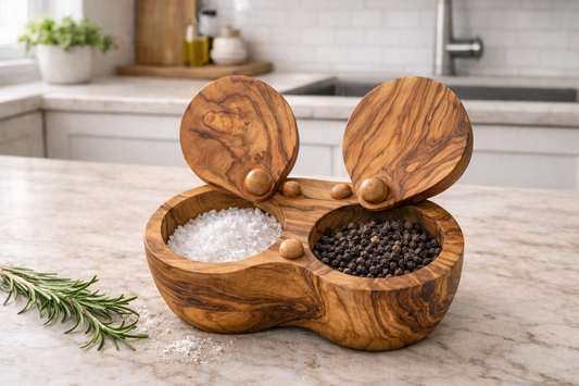 Gewürzdose aus Olivenholz – 2 Fächer für Salz & Pfeffer