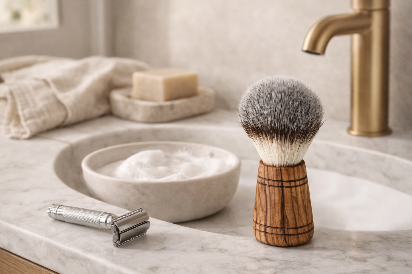Veganer Rasierpinsel aus Olivenholz