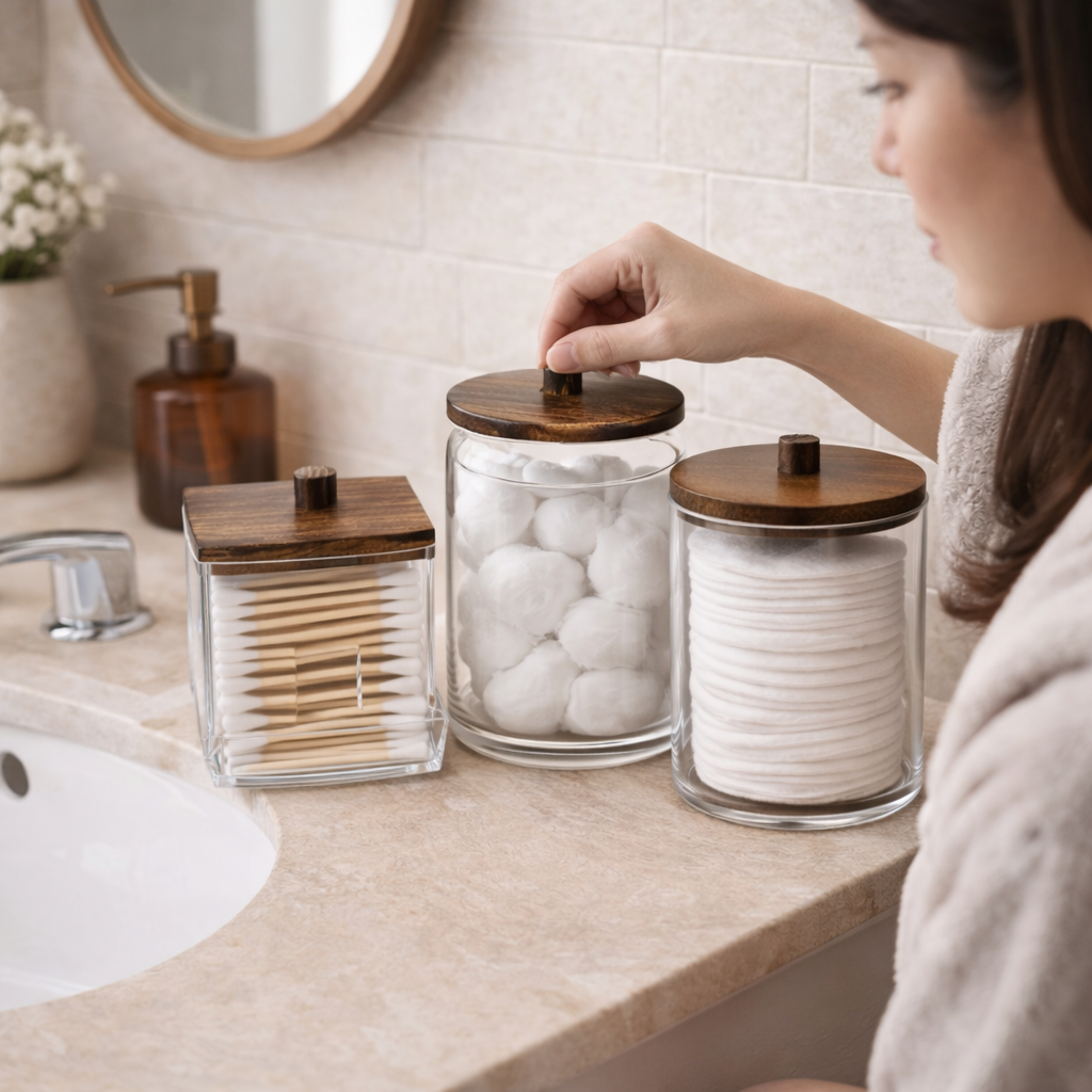 Glas-Organizer Set mit Holzdeckel – Zeitlose Ordnung fürs Bad