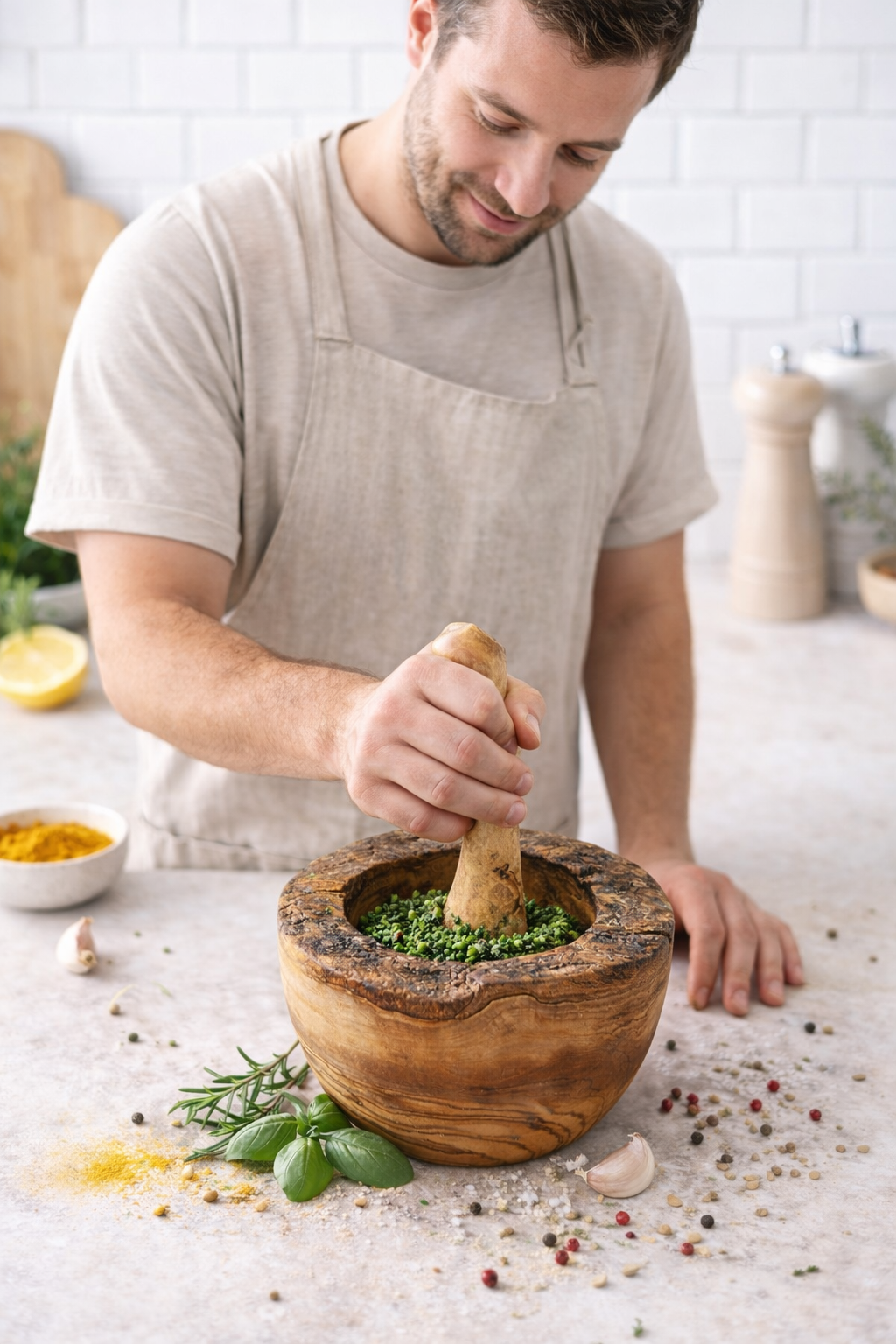 Handgefertigter Mörser aus Olivenholz