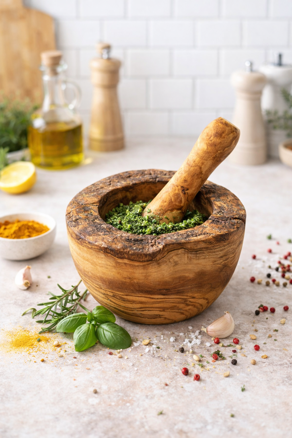 Handgefertigter Mörser aus Olivenholz