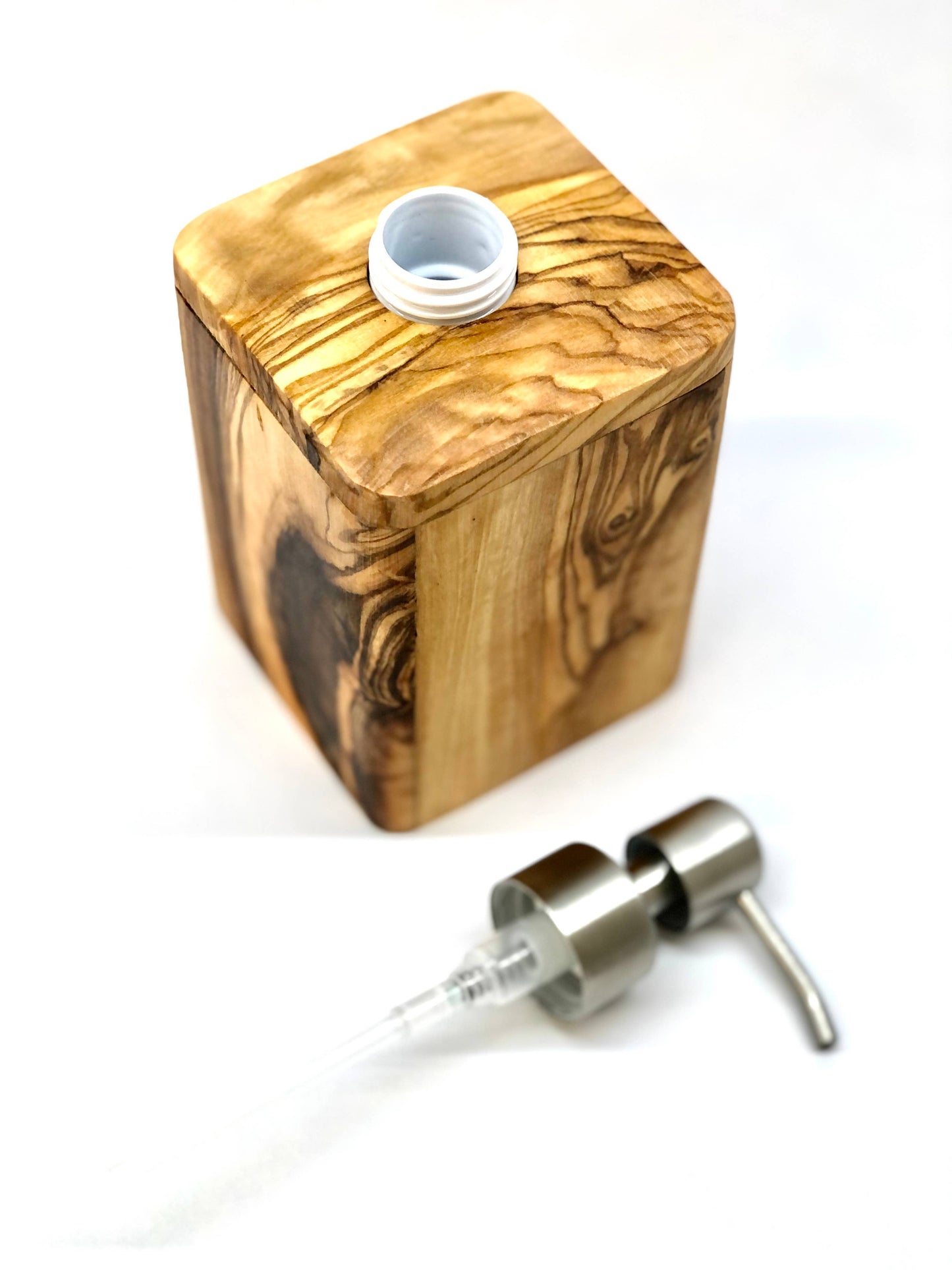 Seifenspender ENJOY aus Olivenholz mit Edelstahlpumpe - handgefertigt