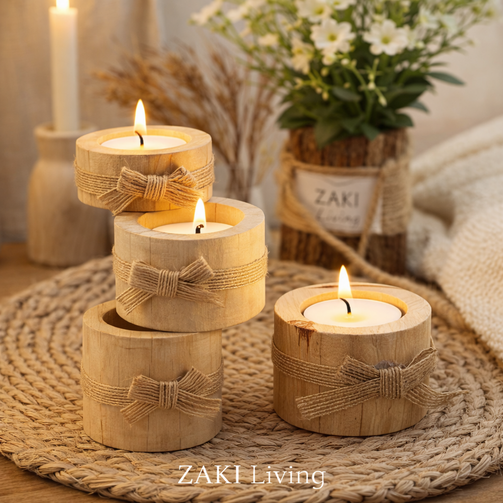 Holz Teelichthalter Set 3-teilig – Handgemachte Deko im Boho & Spa Look