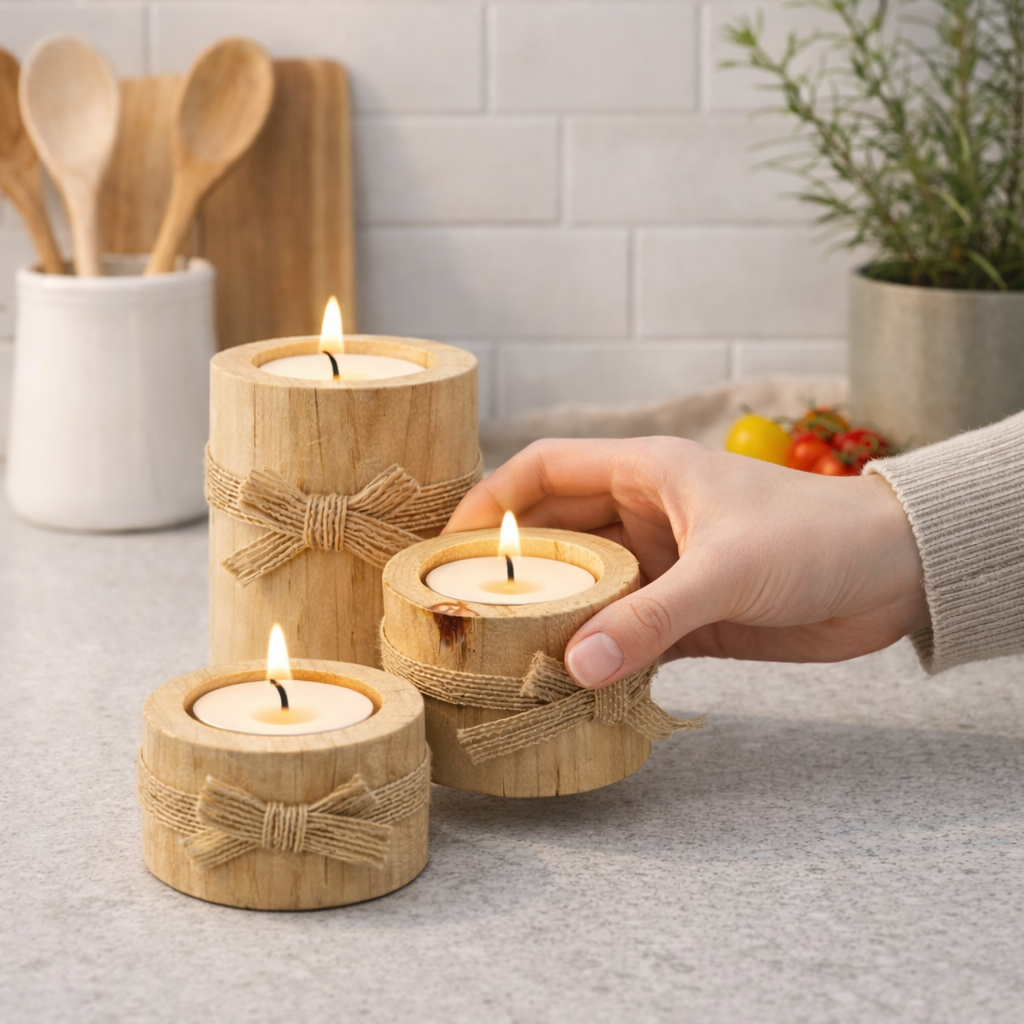 Holz Teelichthalter Set 3-teilig – Handgemachte Deko im Boho & Spa Look