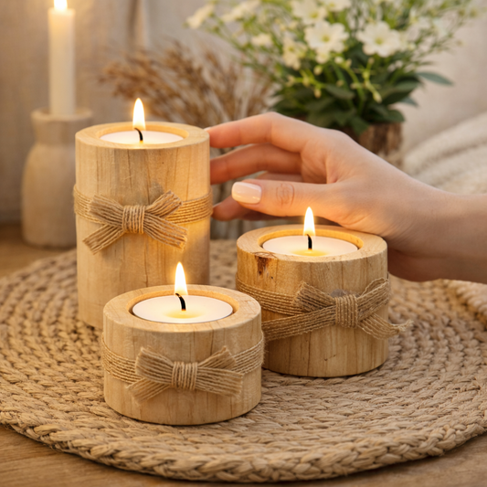 Holz Teelichthalter Set 3-teilig – Handgemachte Deko im Boho & Spa Look