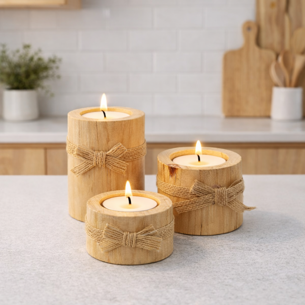 Holz Teelichthalter Set 3-teilig – Handgemachte Deko im Boho & Spa Look