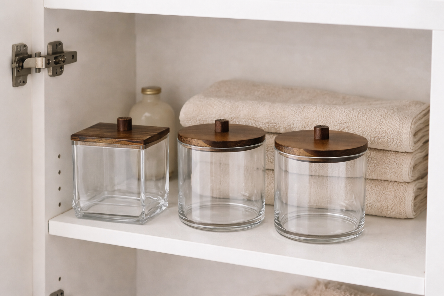 Glas-Organizer Set mit Holzdeckel – Zeitlose Ordnung fürs Bad