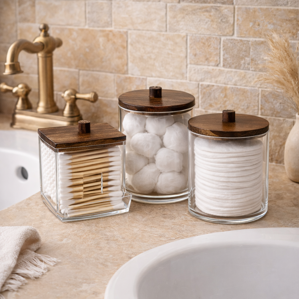 Glas-Organizer Set mit Holzdeckel – Zeitlose Ordnung fürs Bad