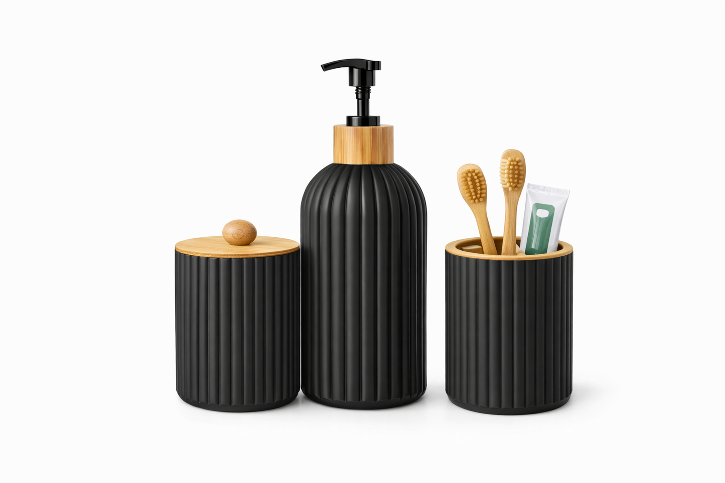 Badezimmer-Set Schwarz-
Modernes Design mit Holzdetails