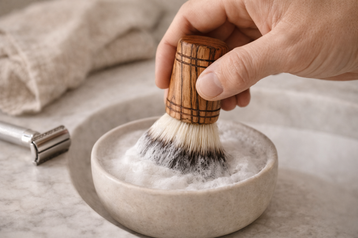Veganer Rasierpinsel aus Olivenholz