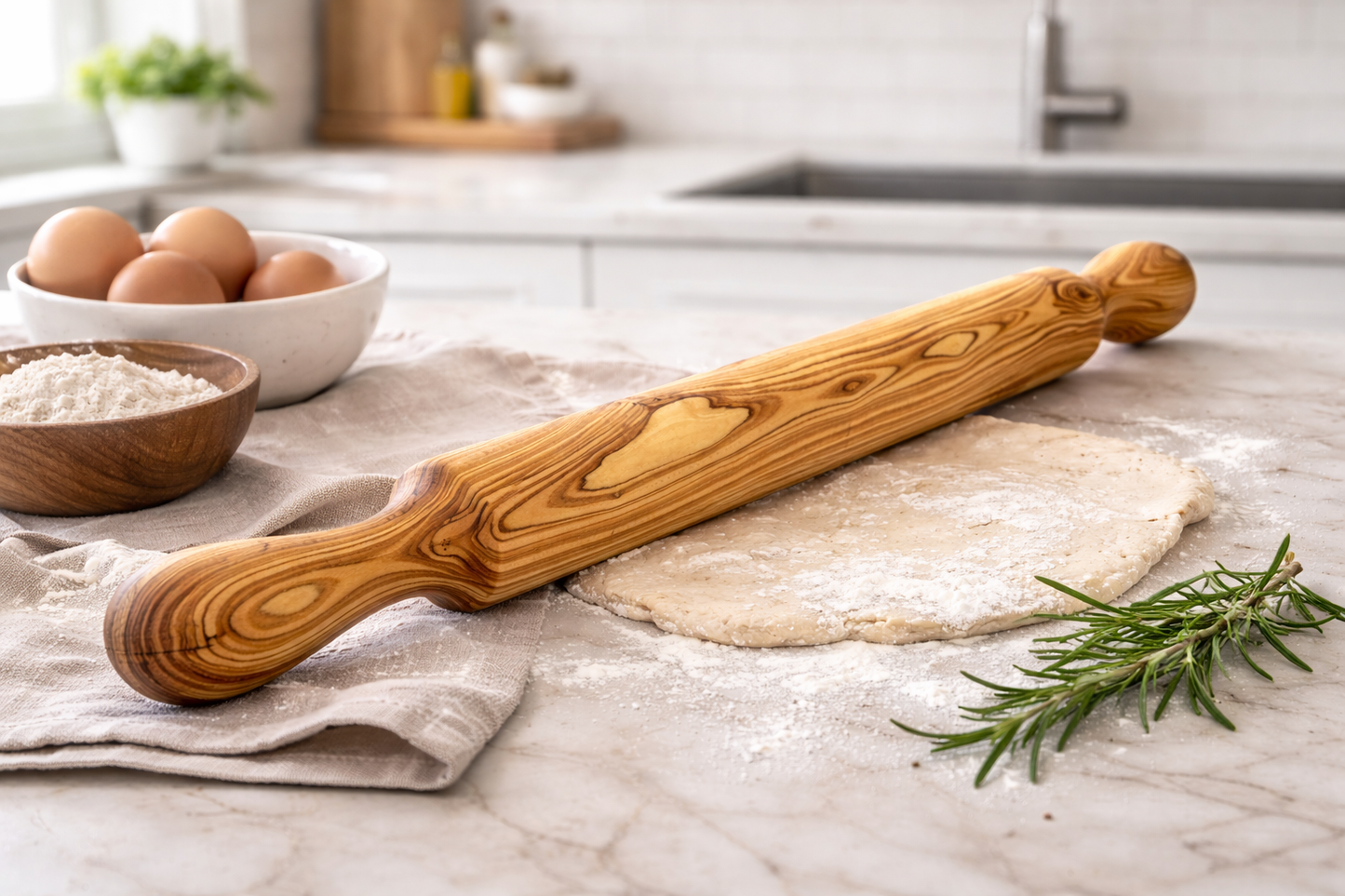 Teigroller aus Olivenholz mit zwei Griffen – handgefertigt