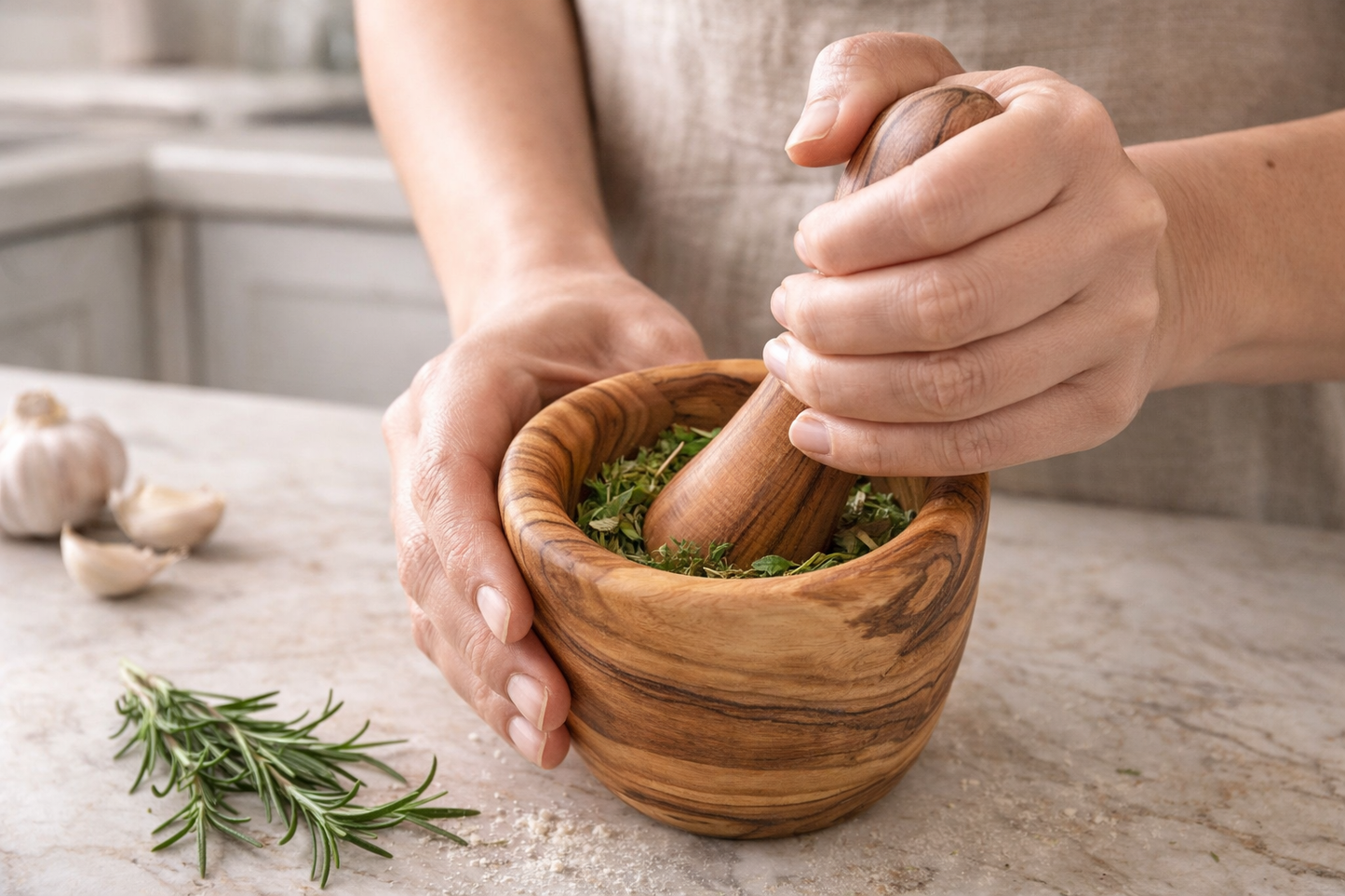 Mini Mörser mit Stößel aus Olivenholz