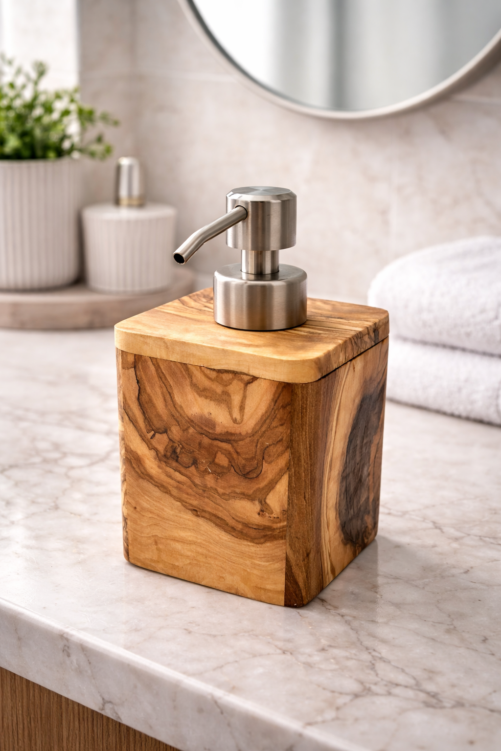 Seifenspender ENJOY aus Olivenholz mit Edelstahlpumpe - handgefertigt