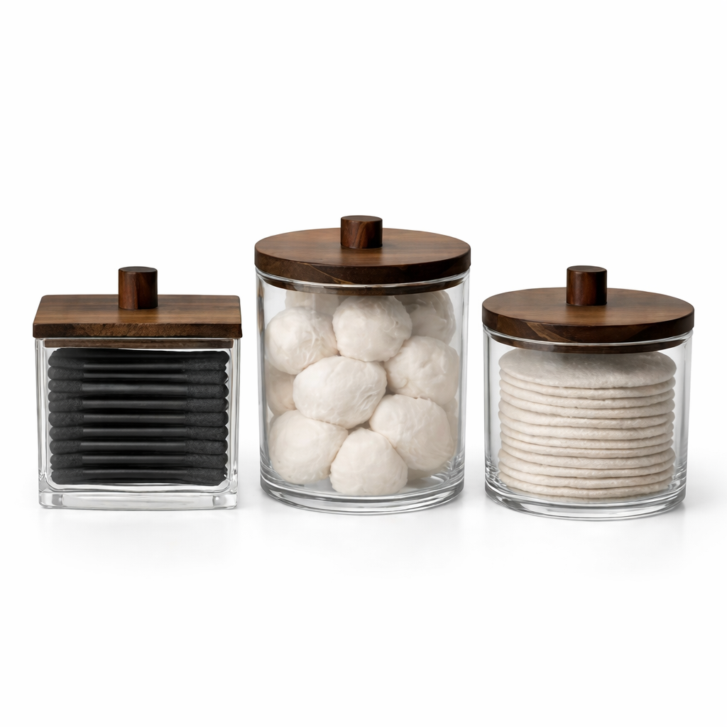 Glas-Organizer Set mit Holzdeckel – Zeitlose Ordnung fürs Bad