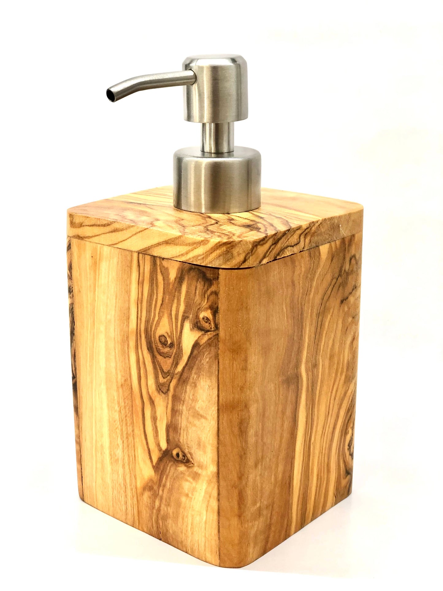 Seifenspender ENJOY aus Olivenholz mit Edelstahlpumpe - handgefertigt